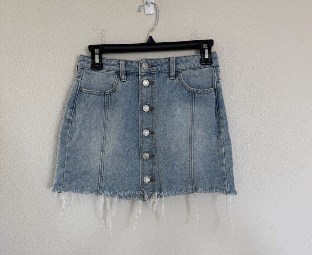 Pacsun Denim Light Wash Mini Skirt With Buttons Size 24 Y2K Raw Hem Skater